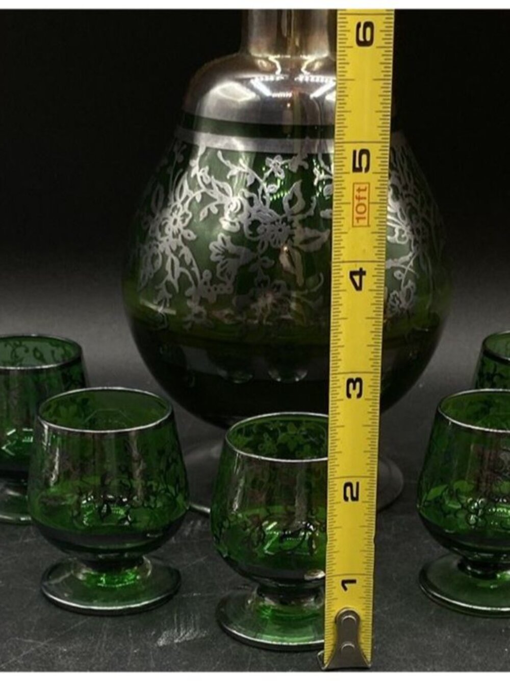 Italian Glass Silver Overlay Floral Pattern Green Decanter and 5 Cordial Glasses - Picture 3 of 12